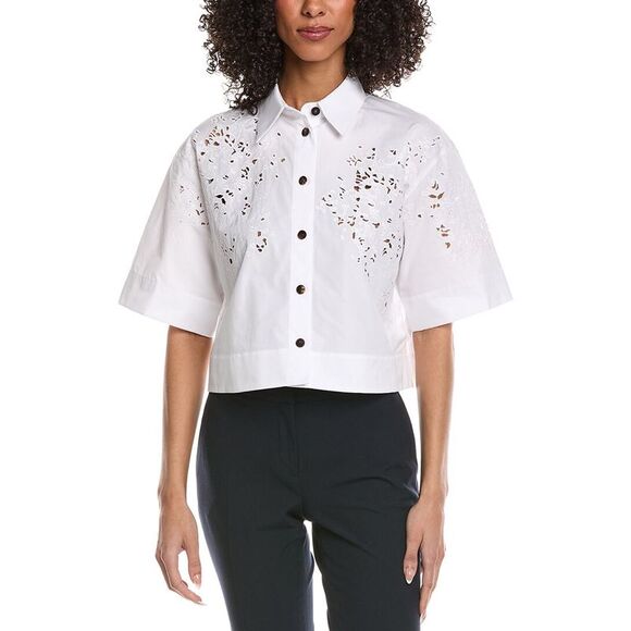 Lafayette 148 New York Tops - Lafayette 148 New York Womens  Embroidered Button Front Cropped Shirt